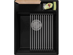 Chiuveta de bucatarie din granit cu o cuva fara scurgator si spatiu de depozitare pentru placa de bucatarie si accesorii Oslo 45 Pocket Multilevel + Gratis
