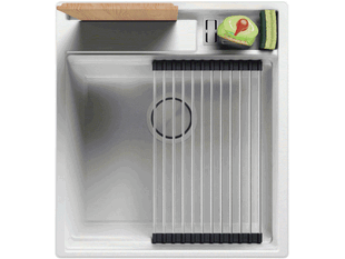 Chiuveta de bucatarie din granit cu o cuva fara scurgator si spatiu de depozitare pentru placa de bucatarie si accesorii Oslo 50 Pocket Multilevel + Gratis